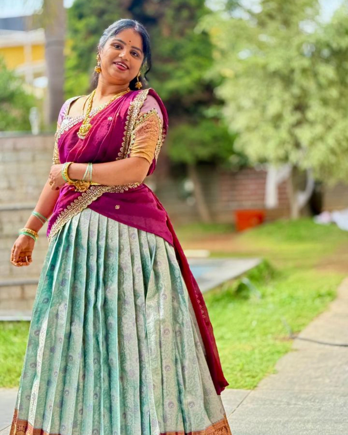 Light Blue and Purple Silk Half Saree